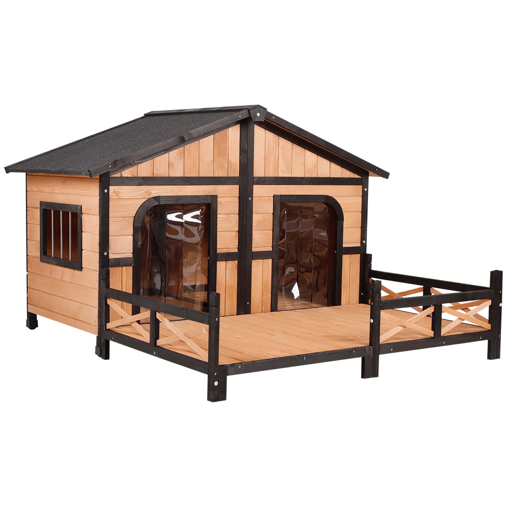 Wood Large Dog House Cabin Style Elevated Pet Shelter wPorch Deck