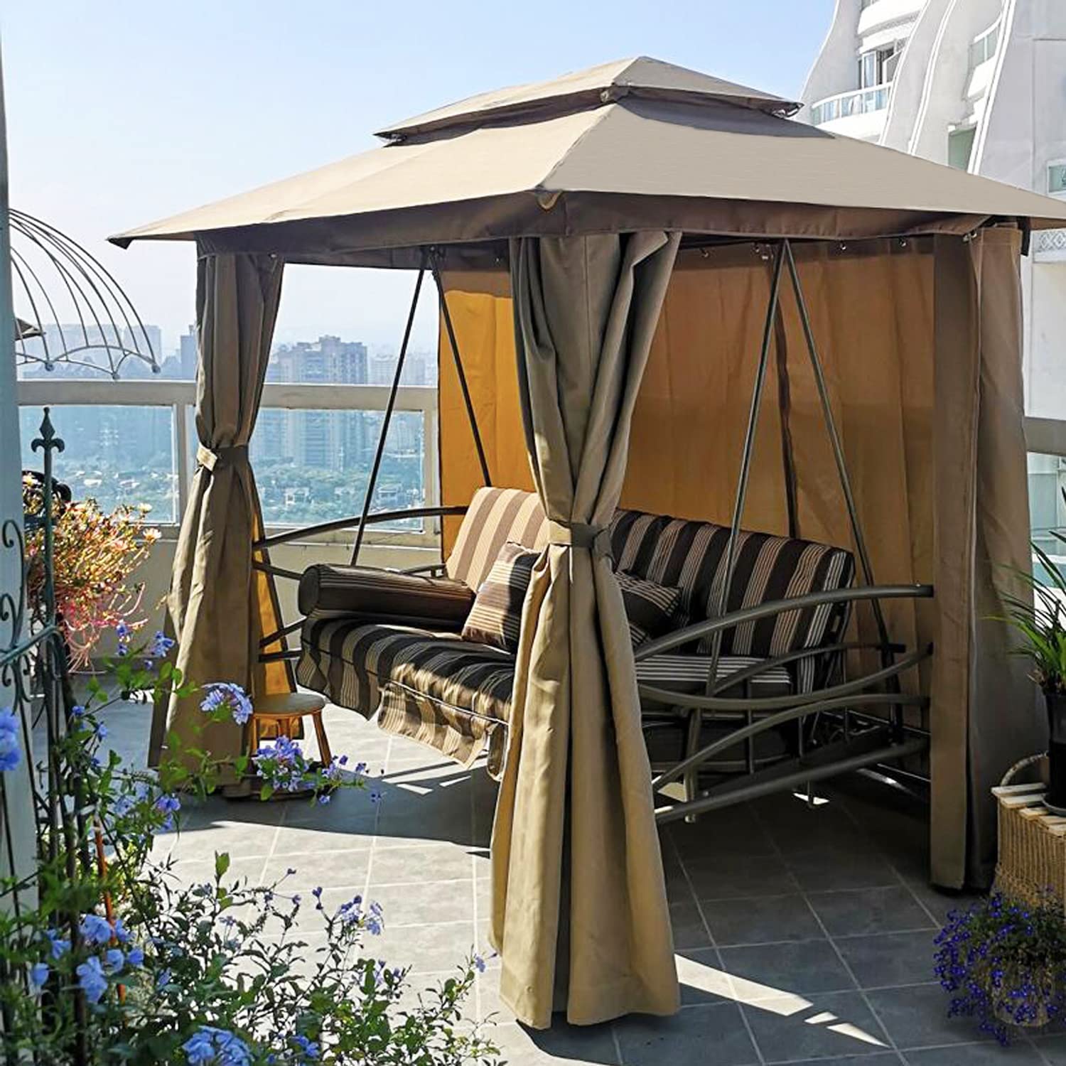 3 Person Patio Porch Swing Gazebo with Netting & Gazebo Curtains