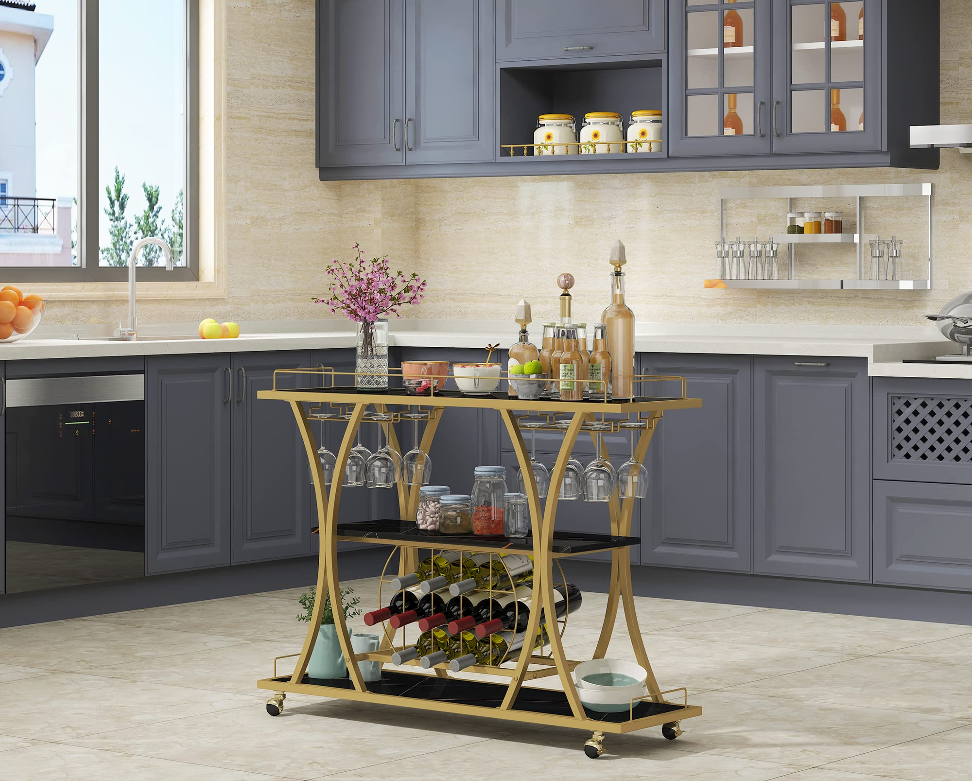 Bar Serving Cart with Glass Holder and Wine Rack