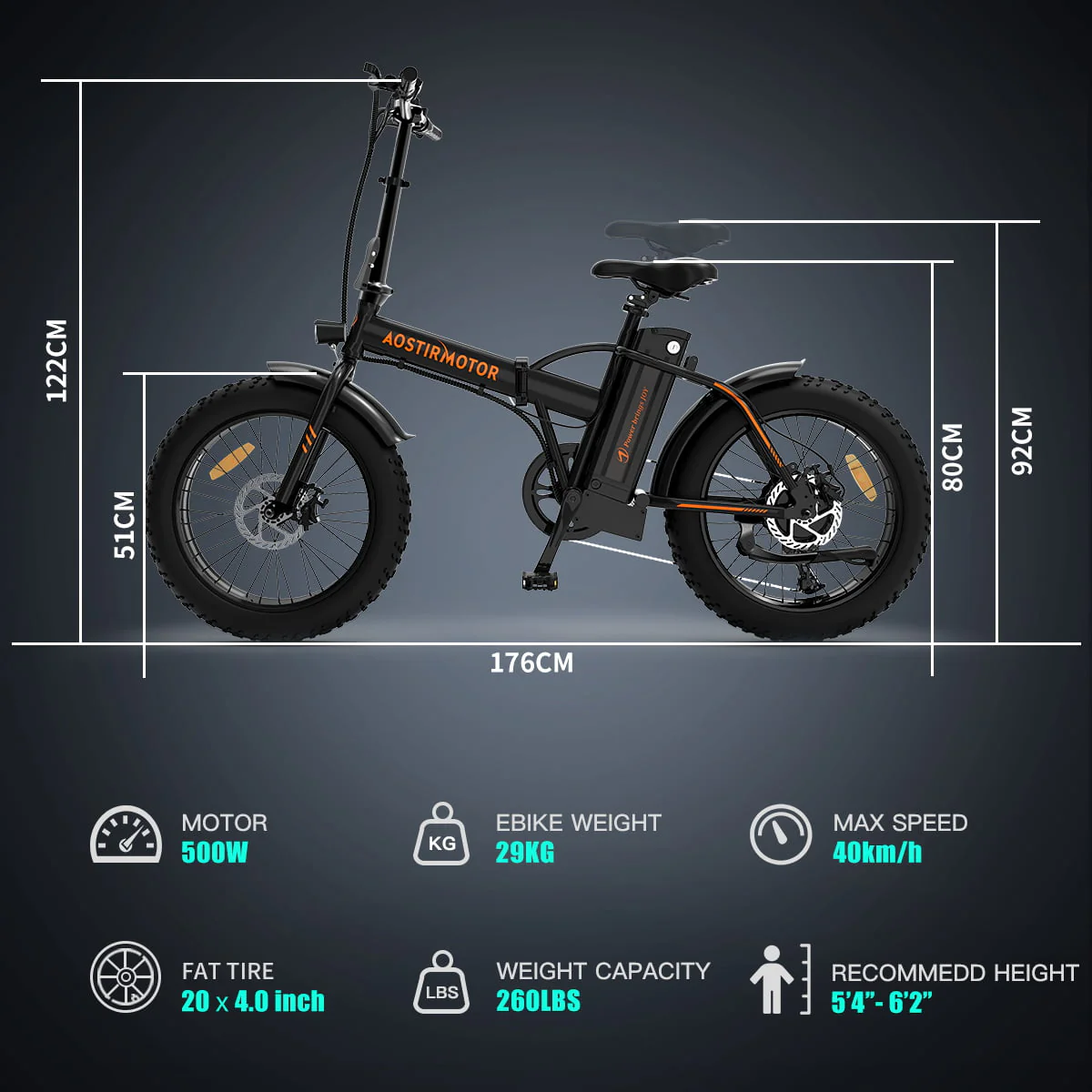 Aostirmotor 20in Folding Fat Tire Electric Bike, 500W, 36V 13Ah, Black
