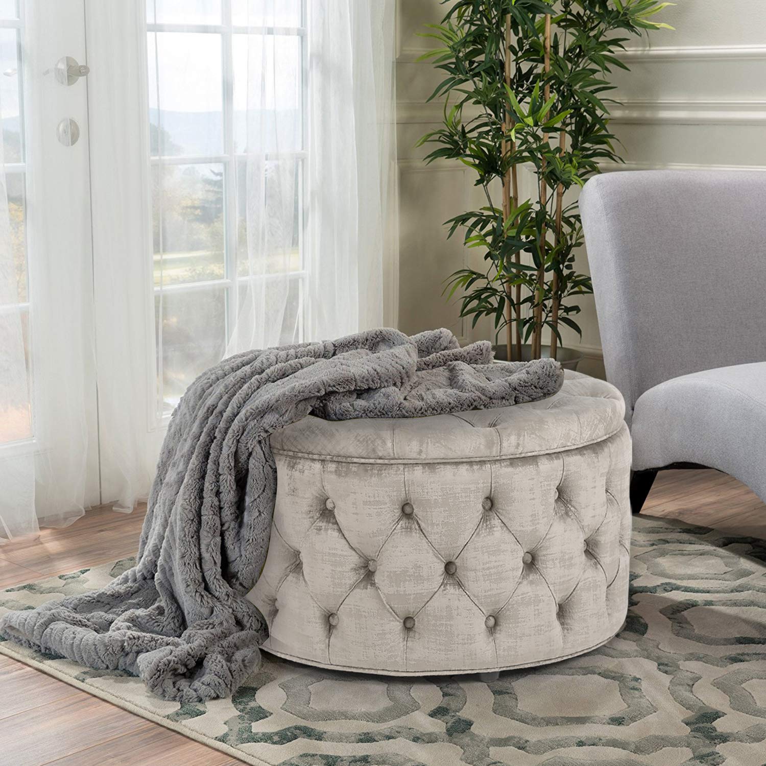 Homebeez Round Velvet Storage Ottoman