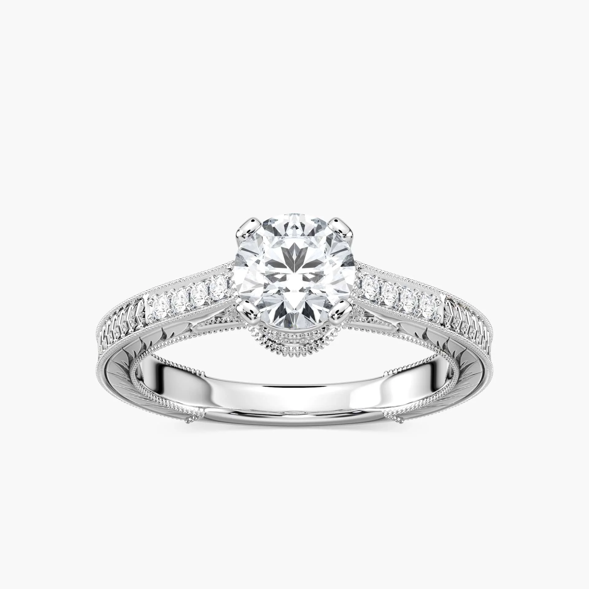 Ella Round Lab Grown Diamond Vintage Antique Crown Side Stone Engagement Ring