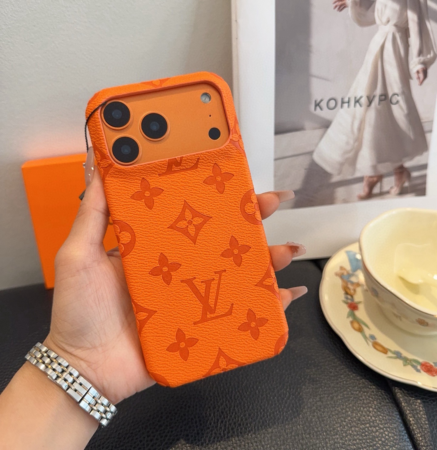 Louis Vuitton Style Embossed Monogram Leather Slim Phone Case
