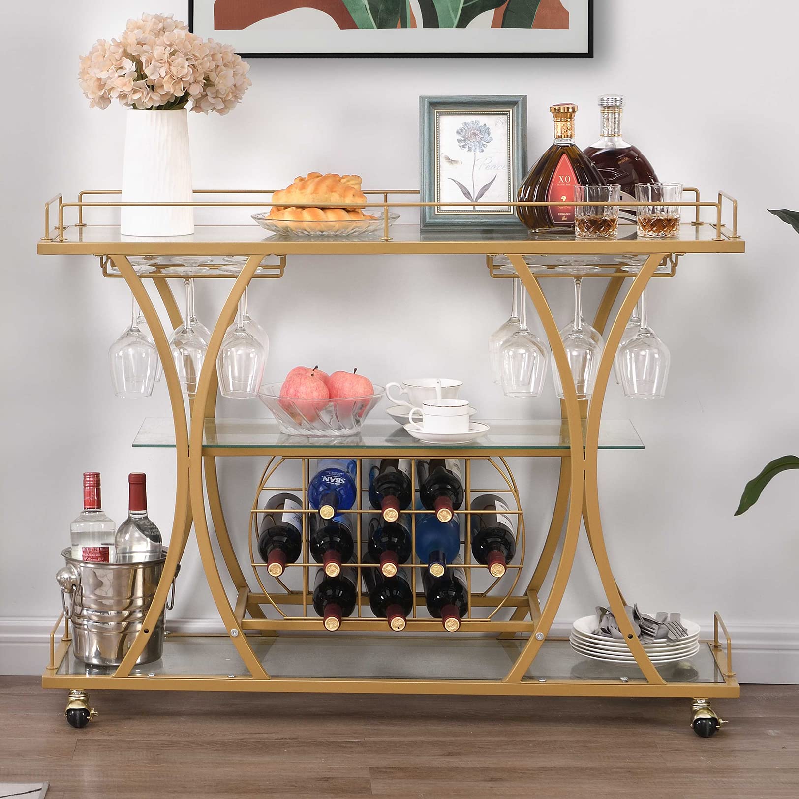 Bar Serving Cart with Glass Holder and Wine Rack