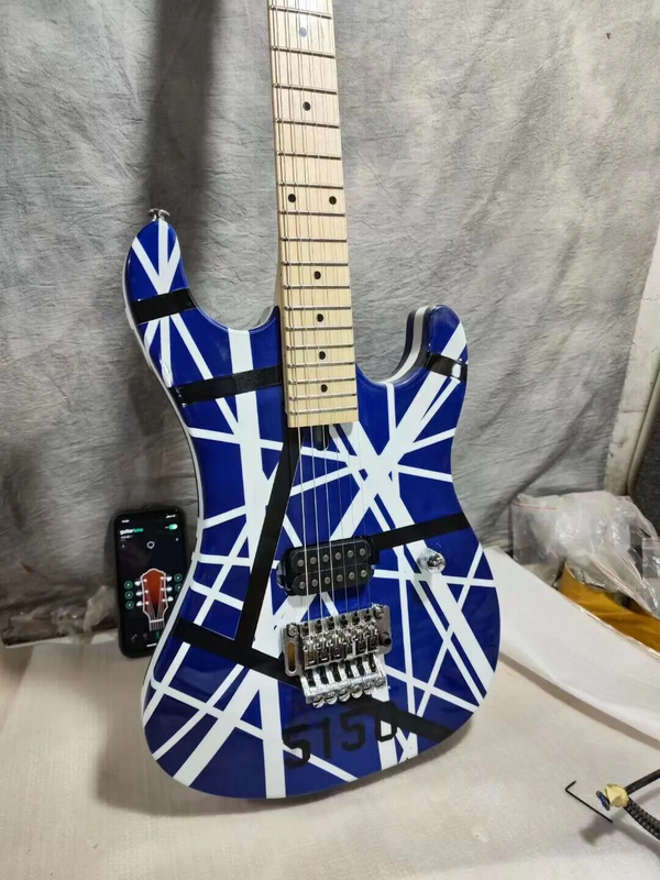 Blue Electric Guitar Black White Stripes,Floyd Rose Tremolo Bridge Locking Nut