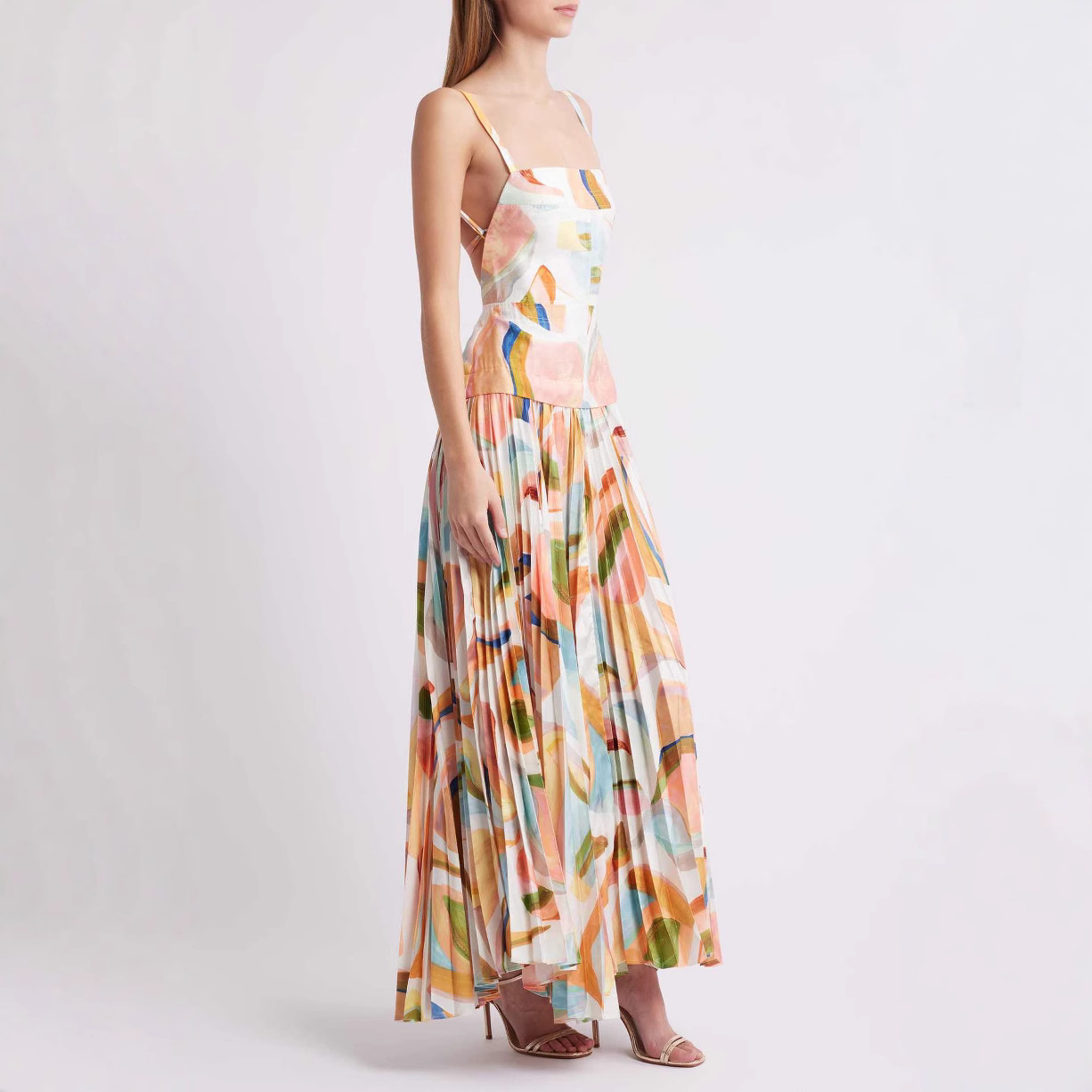 Printed Off Shoulder Lady Party Sexy Sleeveless Summer Suspender Backless Lace Up Pleated Dress