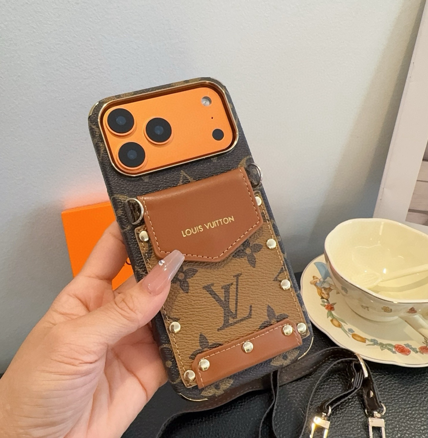 Louis Vuitton Style Monogram Card Holder Crossbody Phone Case With Rivet Detail