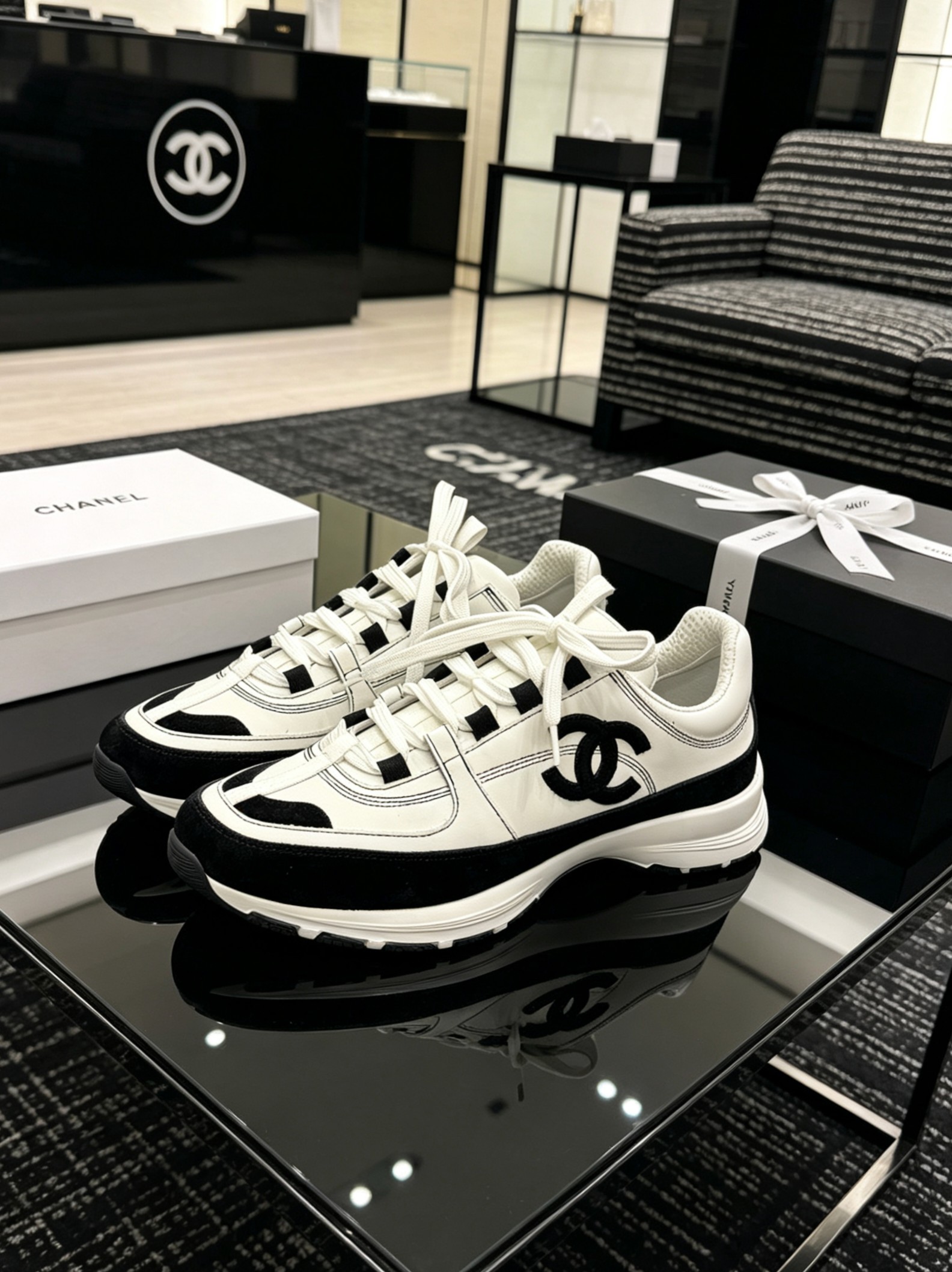 Chanel 26S Two-Tone Suede Calfskin CC Logo Sneakers