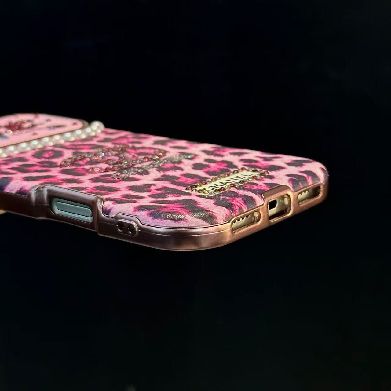 Leopard Print Rhinestone CC Logo Pearl Trim Luxury Shockproof iPhone Case With Crystal Wrist Chain