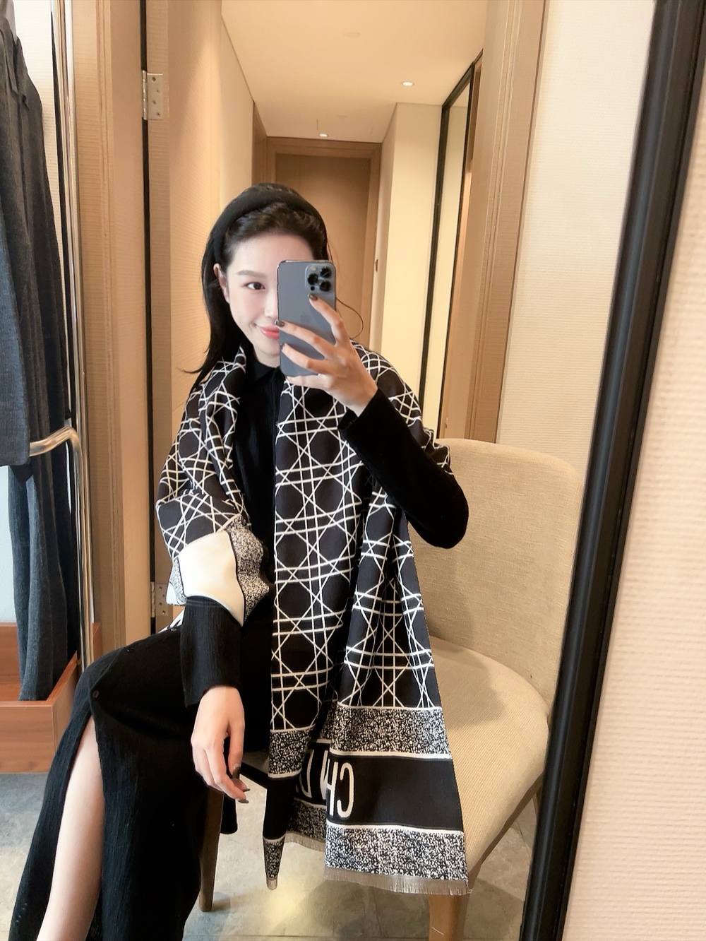 Dior Geometric Print Scarf Beige and Black 65 x 180 cm