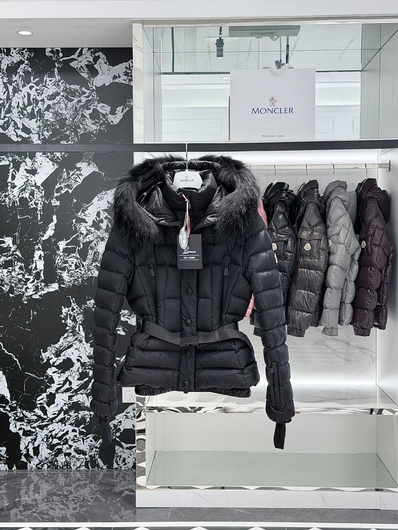 Moncler Women's Short Belted Ski Down Jacket With Large Fur Hood