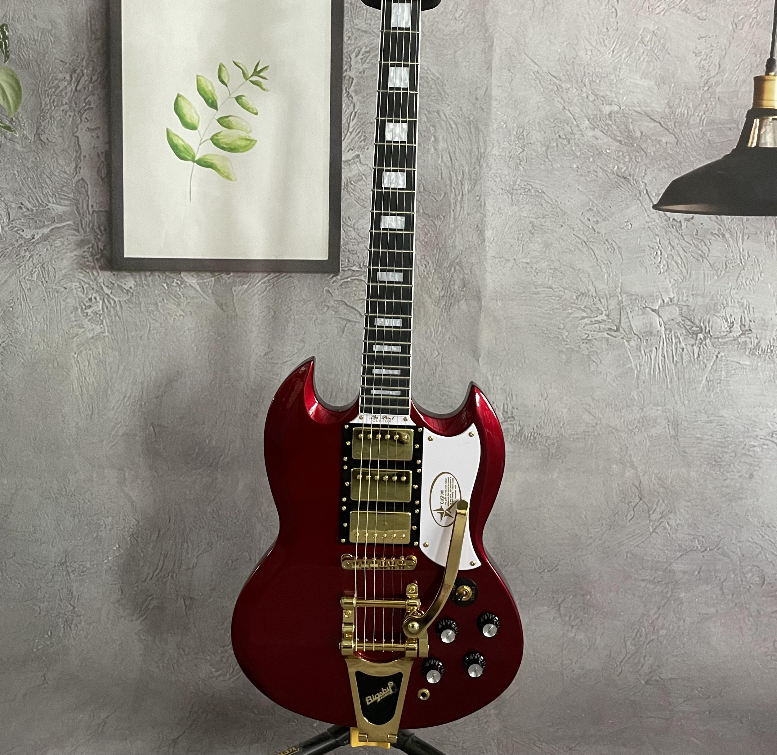 Electric Guitar Red HHH Pickups Tremolo Bridge Top Mahogany Body
