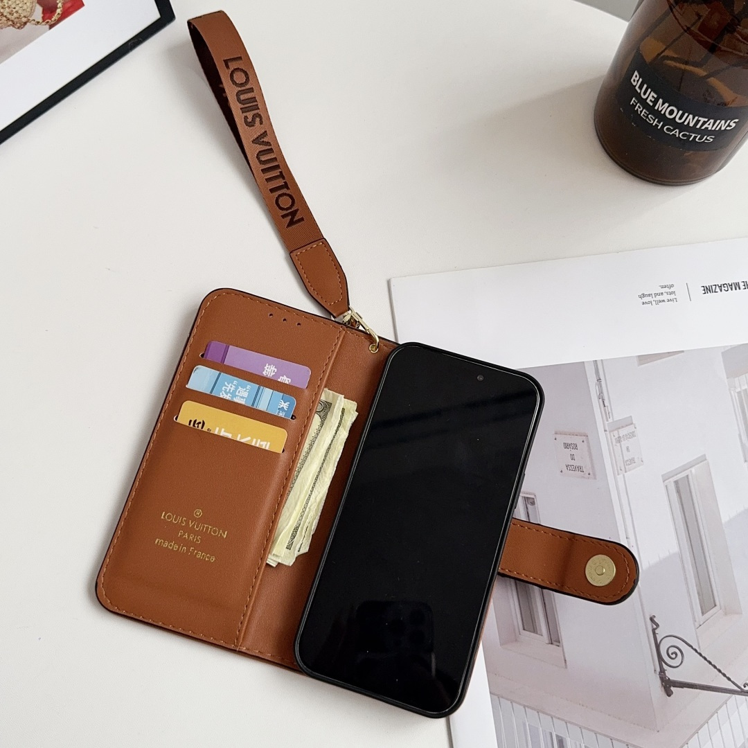 Luxury Designer Monogram Flip Wallet Phone Case with Wrist Lanyard