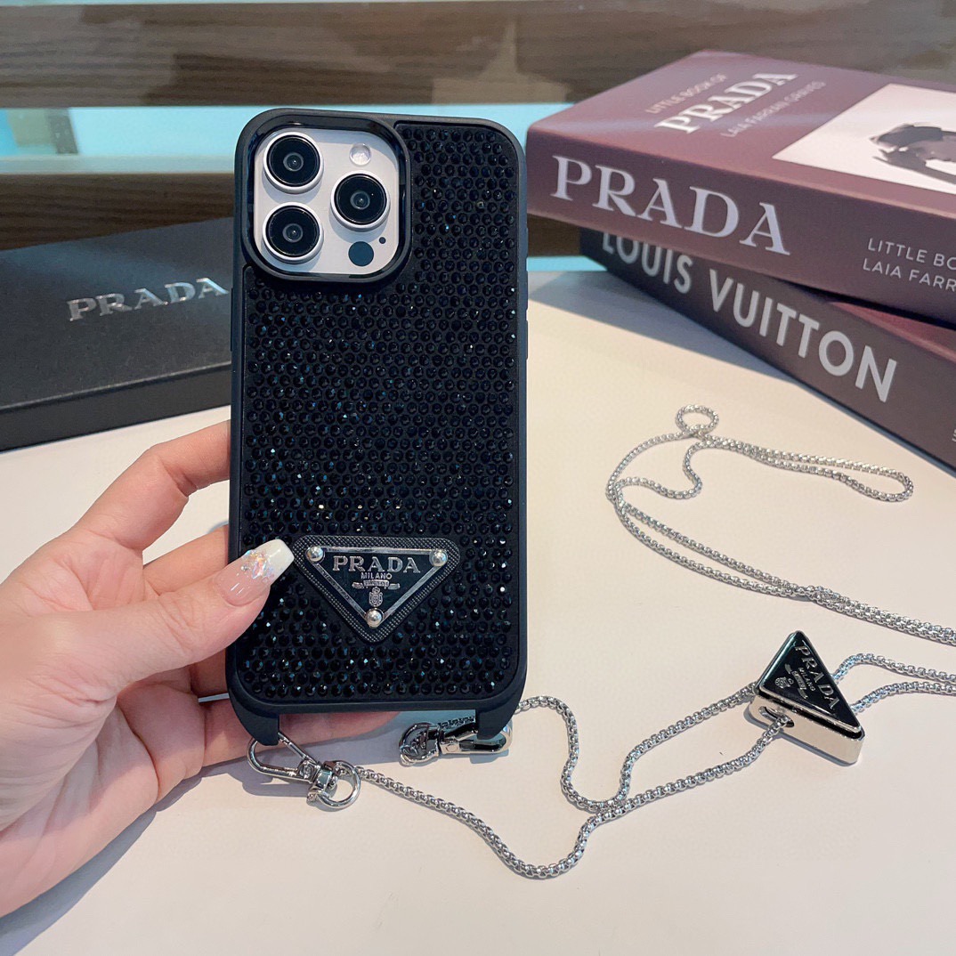 Prada Style Full Diamond Glitter Phone Case With Crossbody Chain Strap
