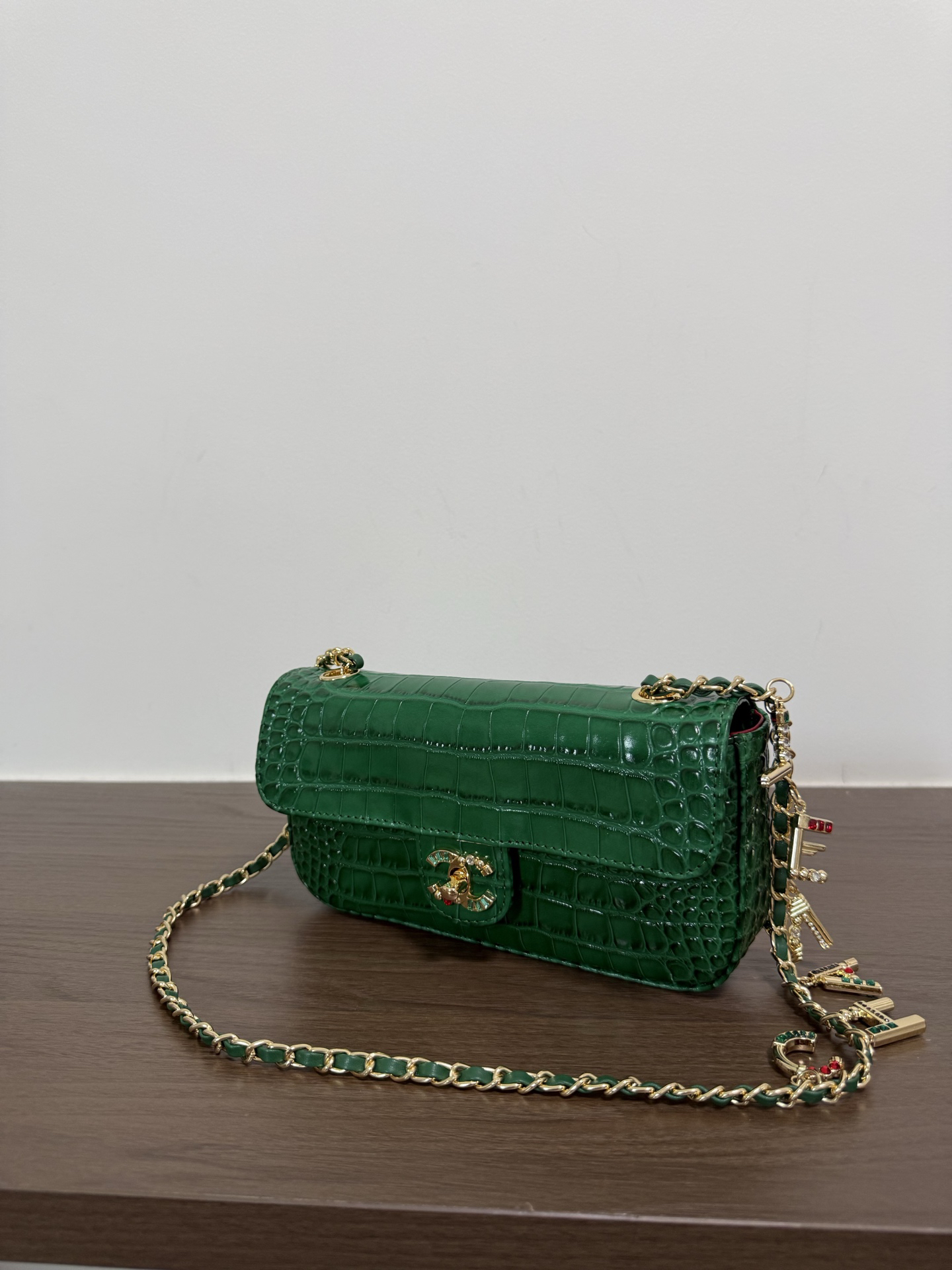 Chanel Mini Classic Flap Emerald Green Croc Embossed Leather Crossbody Bag