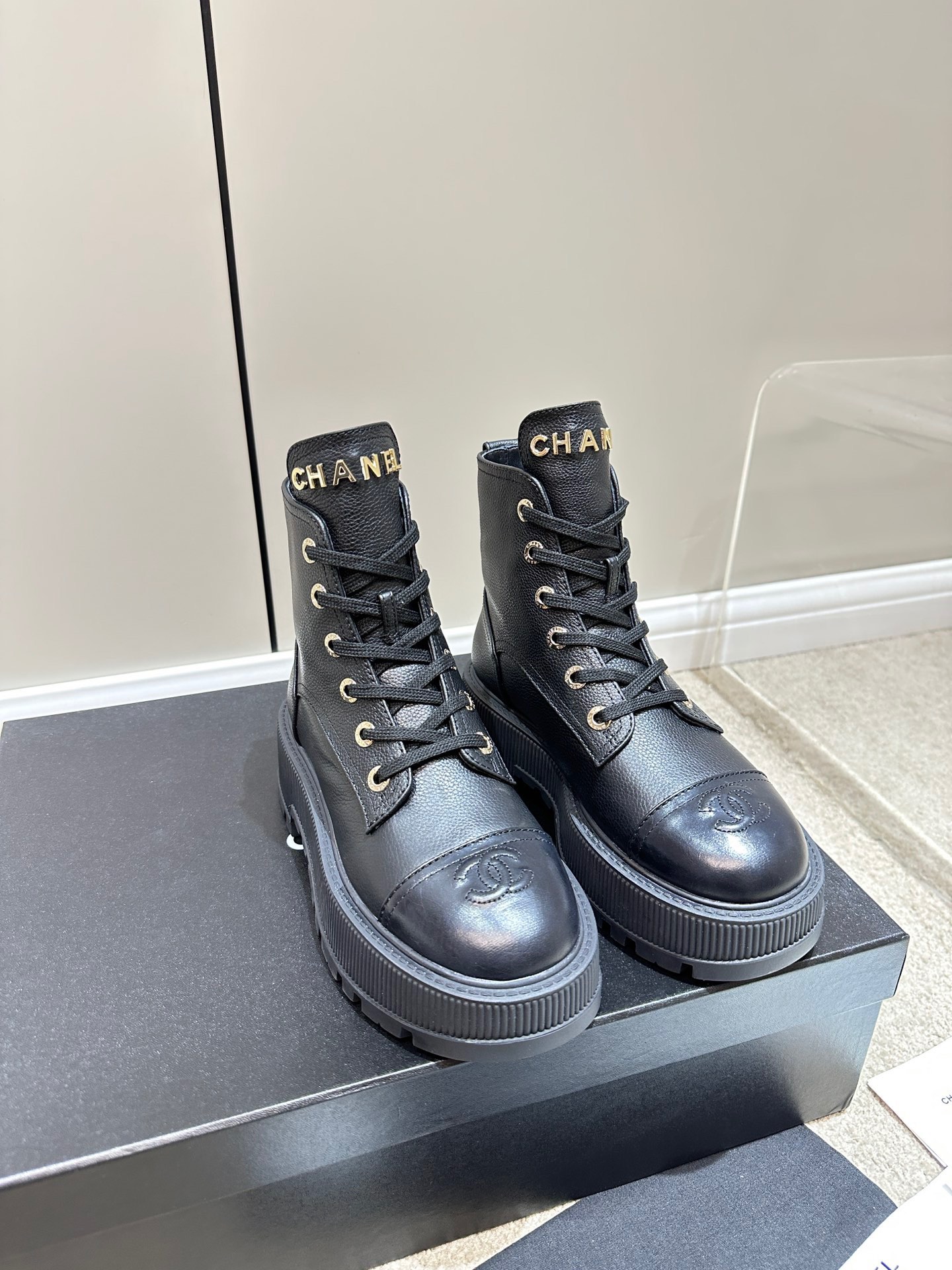Chanel 2026SS Grain Leather Combat Ankle Boots
