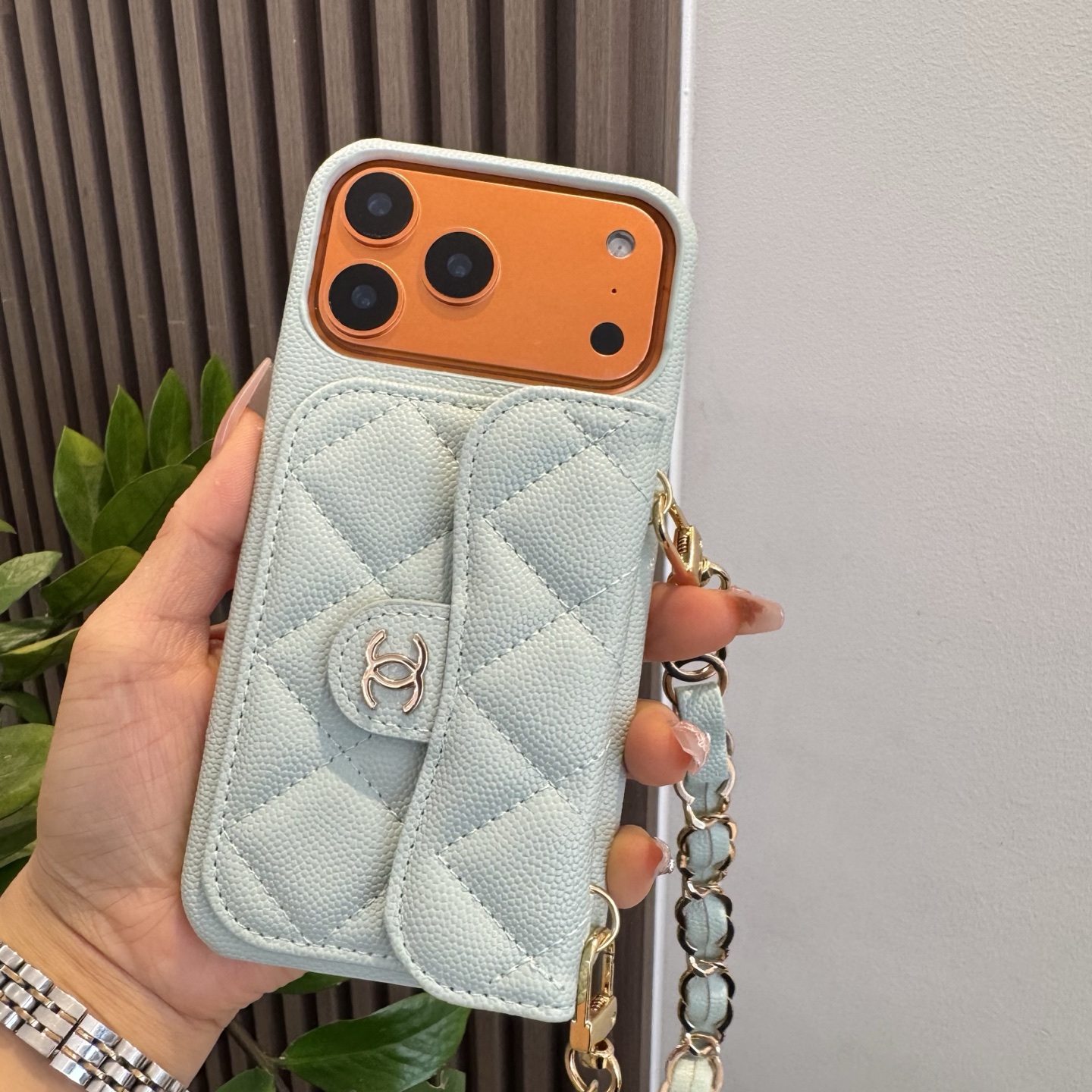 Light Blue Chanel Style Quilted Caviar Leather Card Slot Chain Strap Luxury Phone Case