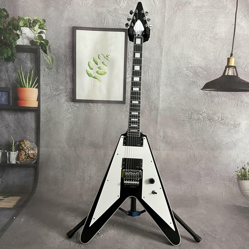 Black Flying V Electric Guitar Solid Body Mahogany Body FR Bridge Active Pickups