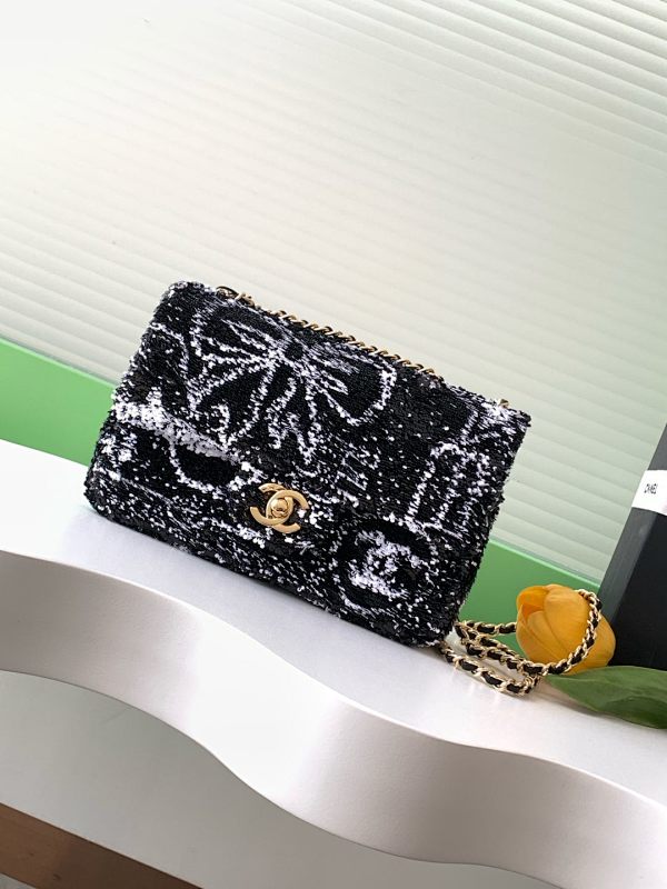 Chanel Sequin Flap Bag Black White Floral