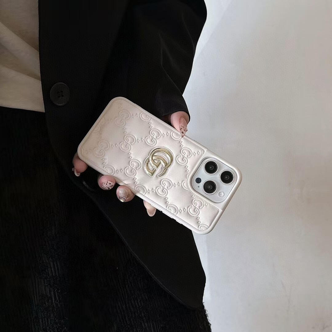 Gucci Embossed GG Monogram Metal Logo Premium Leather Luxury Phone Case