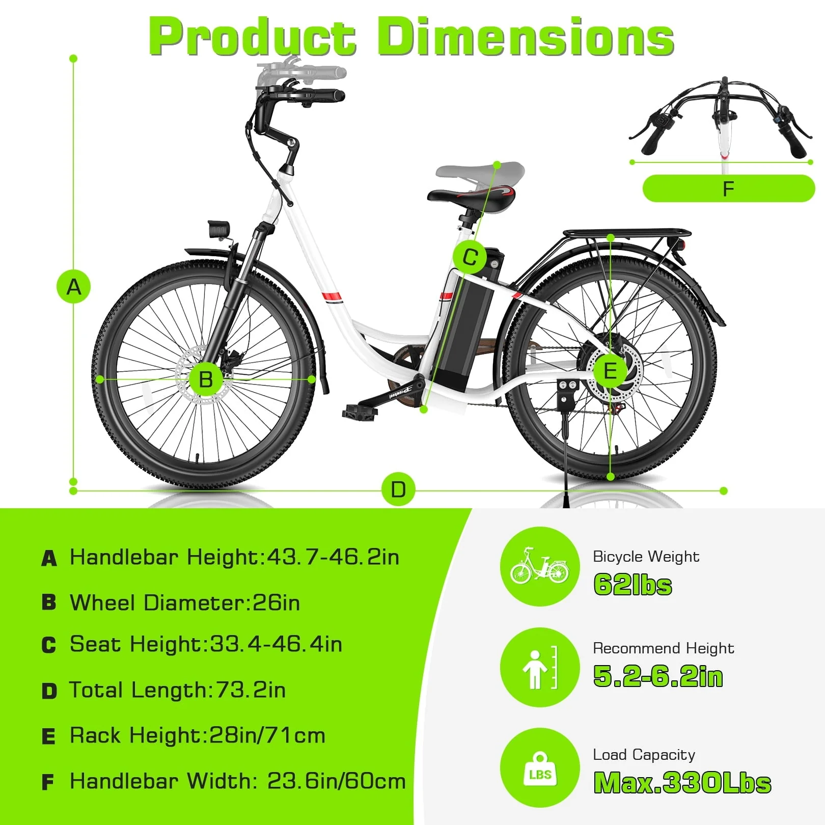 Elifine 26in Low-Step Electric Cruiser Bike, 500W, 48V 7.8Ah