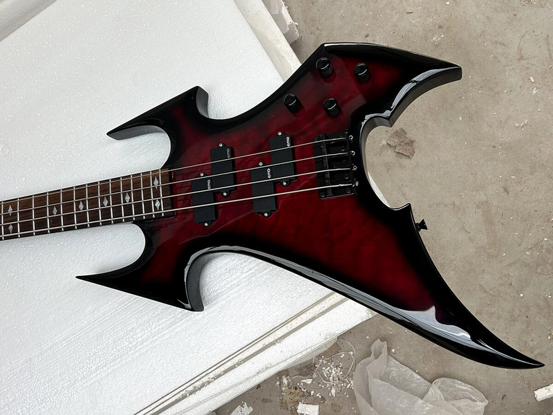 Unusual Shape Black Red 4 Strings Electric Bass Guitar Rosewood Fretboard