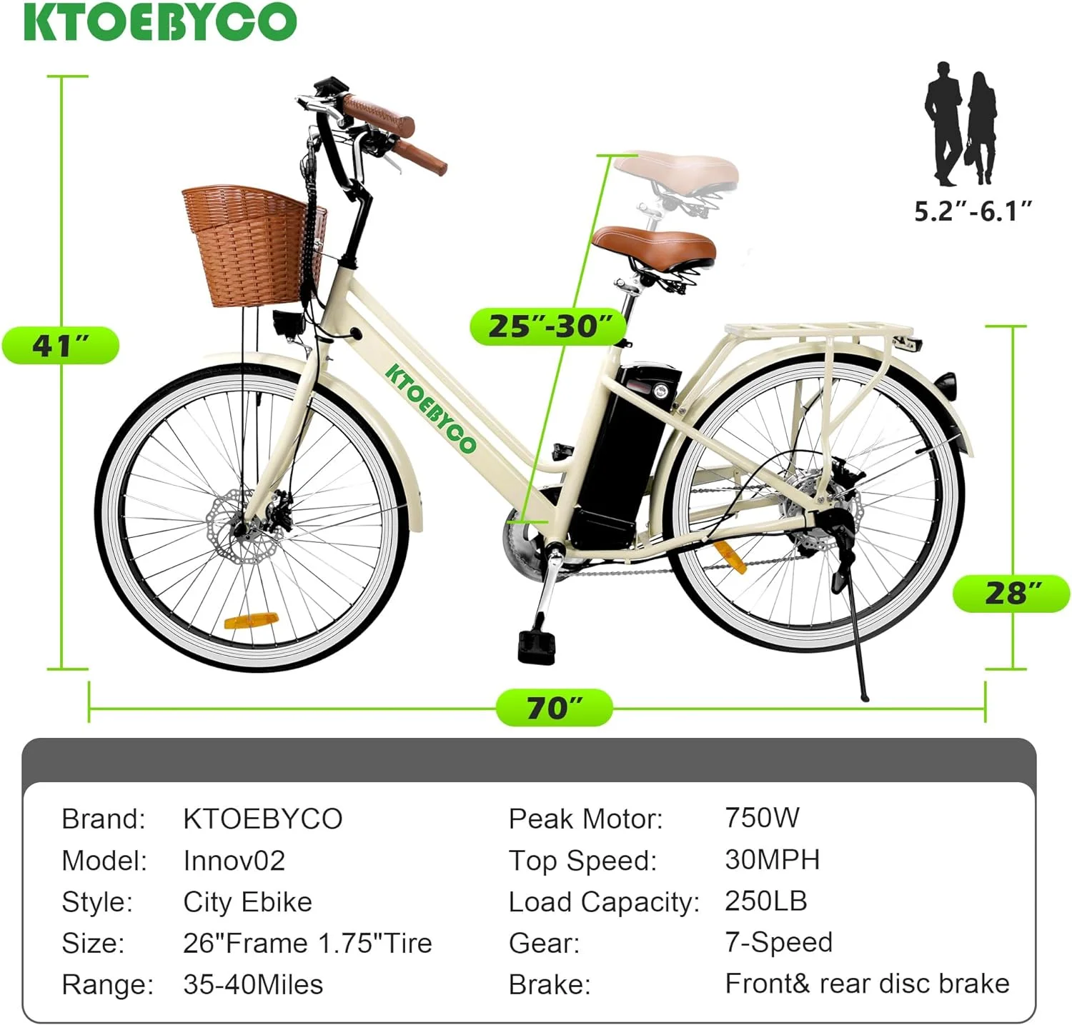 Gpower 22in Electric City Bike, 750W Peak, 48V
