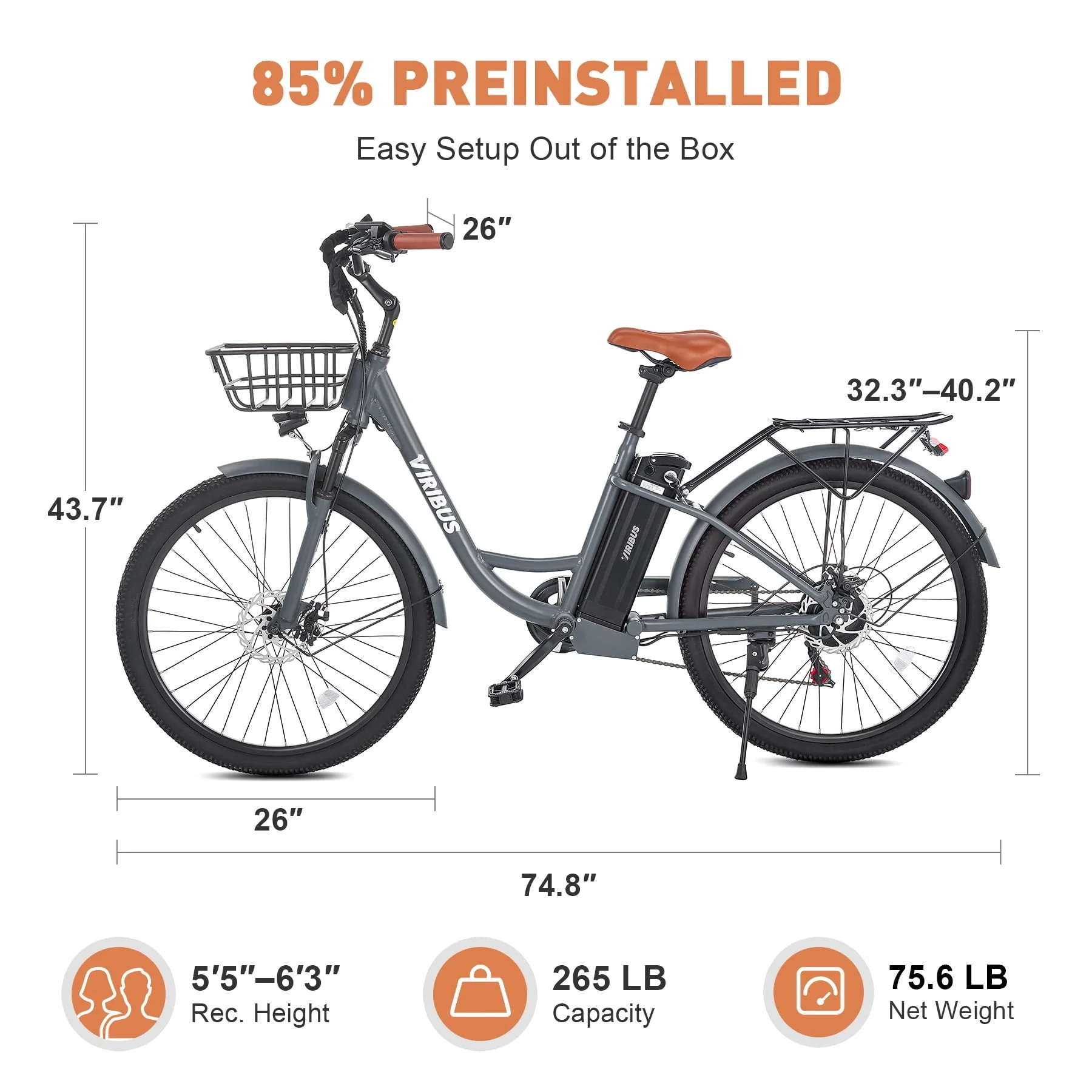 Viribus 26in Pedal-Assist Electric Bike, 500W, 48V, Black