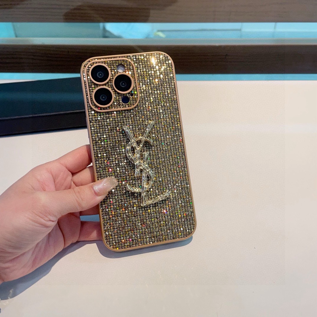 YSL Full Bling Glitter Diamond 3D Metal Logo Luxury Shockproof Phone Case
