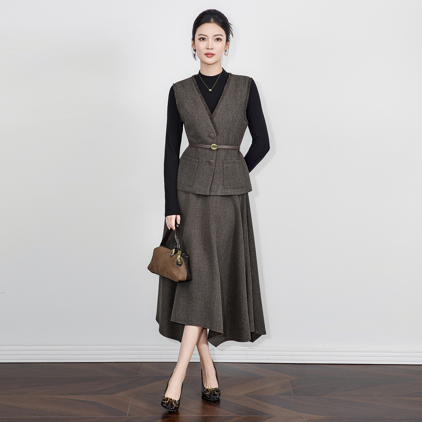 Elegant Skirt Sets for Women Autumn Winter O-neck Sleeveless Vest Straight Skirts Two-piece Set