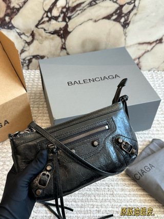 Balenciaga Mini Le City Moto Cracked Waxed Lambskin Shoulder Bag