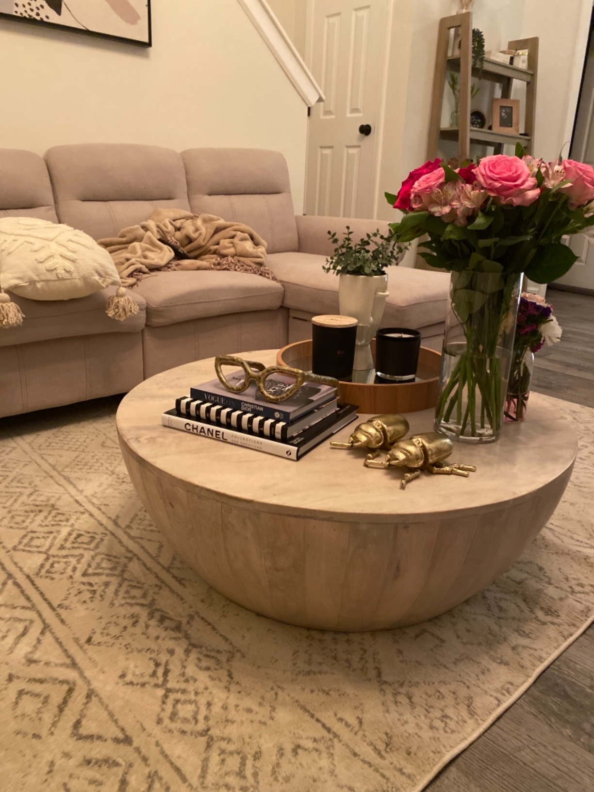 Drum Shape Wooden Coffee Table with Plank Design Base