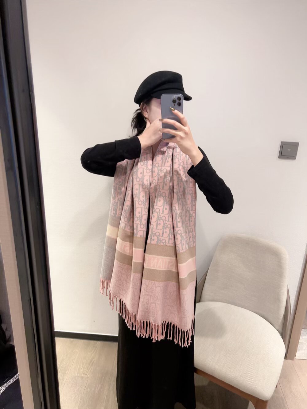 Dior Logo Stripe Cashmere Scarf Pink 65 x 200 cm product images