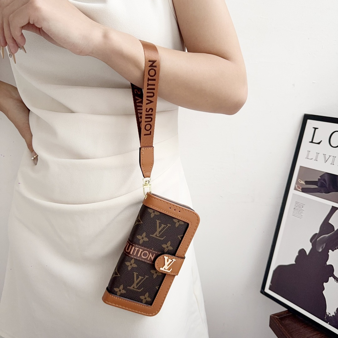 Luxury Designer Monogram Flip Wallet Phone Case with Wrist Lanyard
