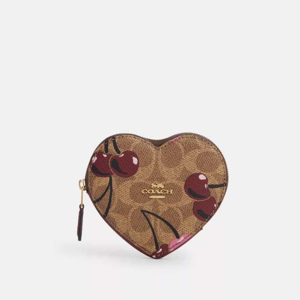 Heart Coin Case In Signature Canvas With Cherry Print