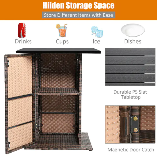 Patiojoy 5PCS Patio Rattan Bar Table Stool Set Hidden Storage