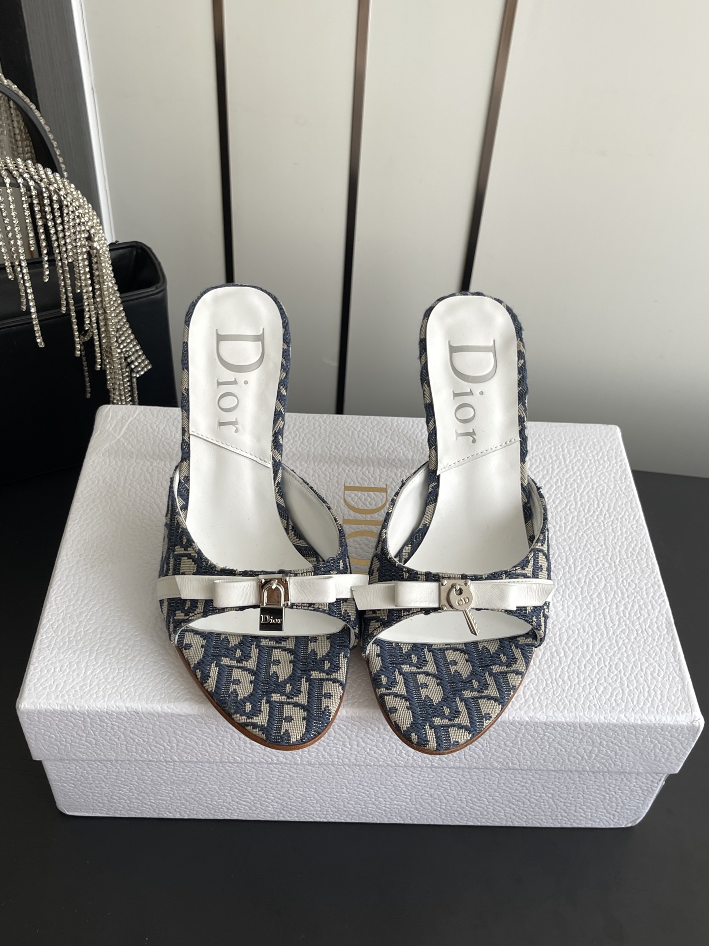 Dior Lock Mule Heels Oblique Jacquard White Leather Bow Padlock Silver Hardware Slide Sandals