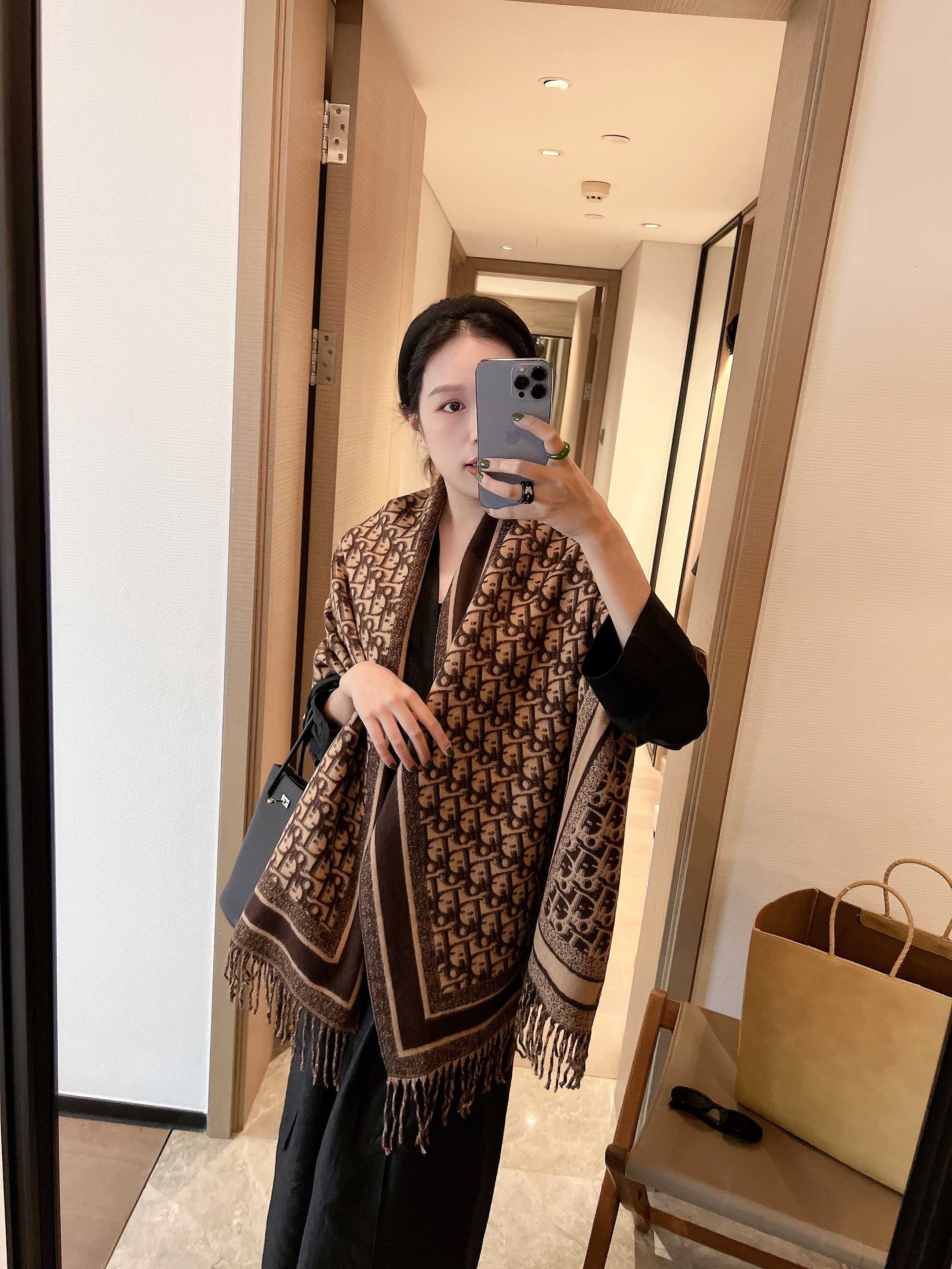 Dior Oblique Cashmere Scarf Beige and Brown Design B