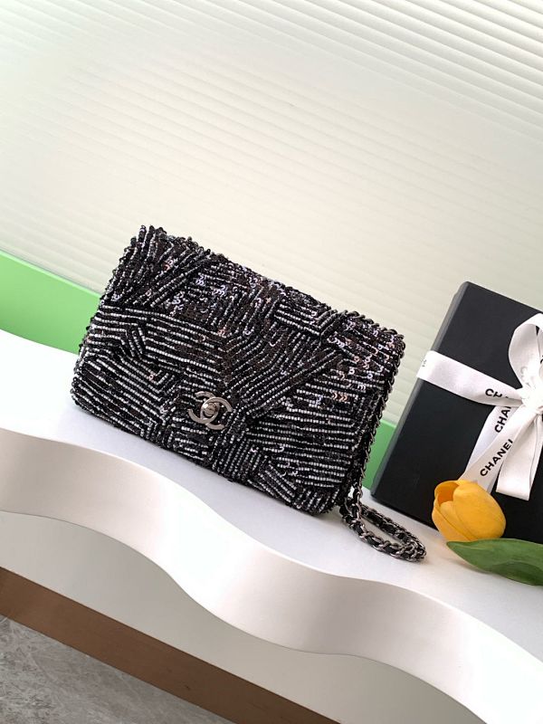 Chanel Beaded Flap Bag Black Chevron