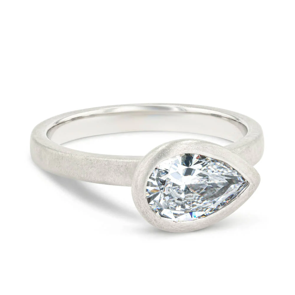 Ruby Pear Lab Grown Diamond Satin Finish Bezel Set Artisan Solitaire Engagement Ring