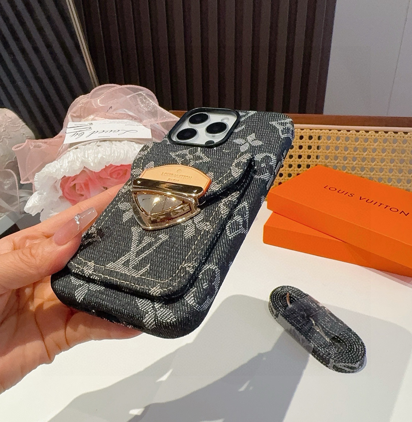 LV Denim Lock Card Holder Phone Case with Crossbody Strap