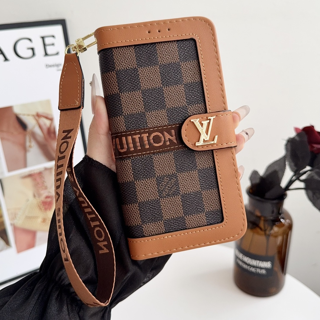 Luxury Designer Monogram Flip Wallet Phone Case with Wrist Lanyard