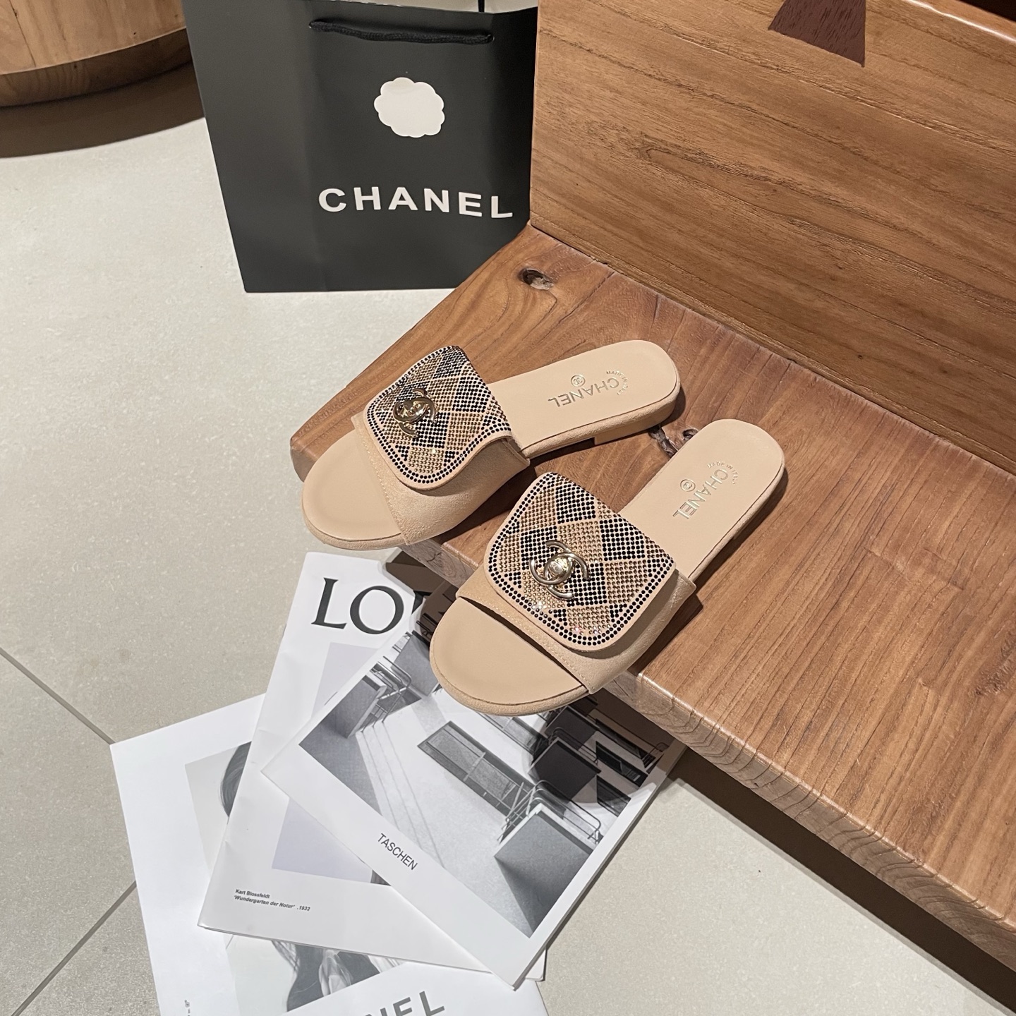 Chanel Buckle-Strap Slide Sandals - Tan & Black