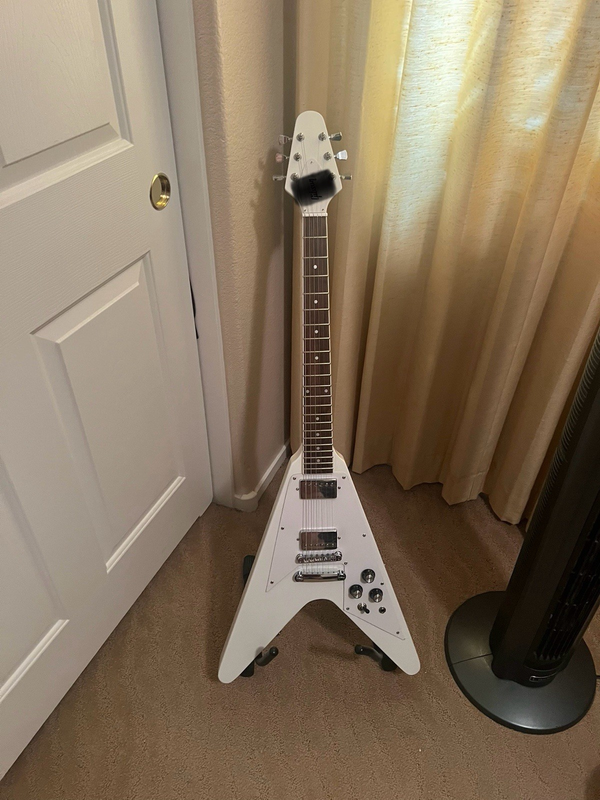 White Flying V Electric Guitar Solid Mahogany Chrome Hardware HH Pickups
