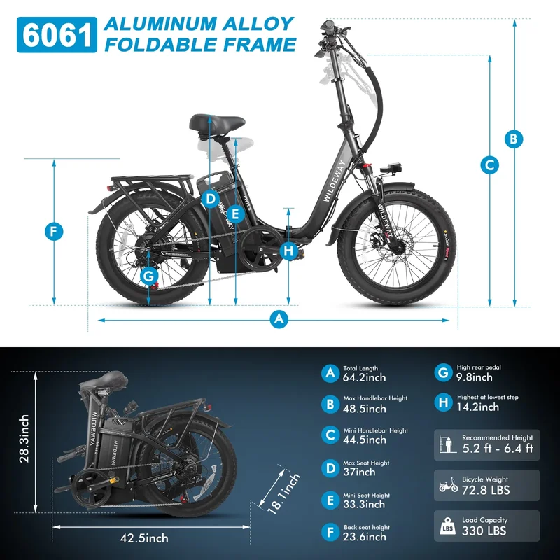 Wildeway 20in Folding Electric Bike, 750W, 48V 32Ah, Hydraulic Brakes