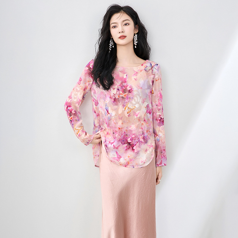 Real Silk Elegant Fashion Dresses For Women Summer Chic Floral Print Dress Three Quarter Sleeve Women's Long Dress