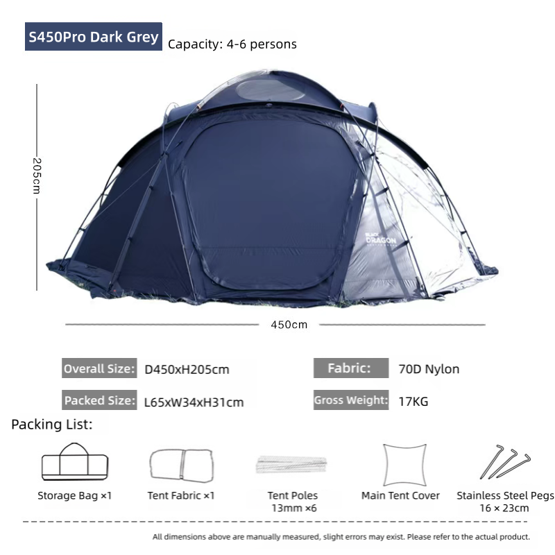 BLACK DRAGON S450 Pro Nylon Tent Spherical Dome, Large Space, Windproof and Rainproof