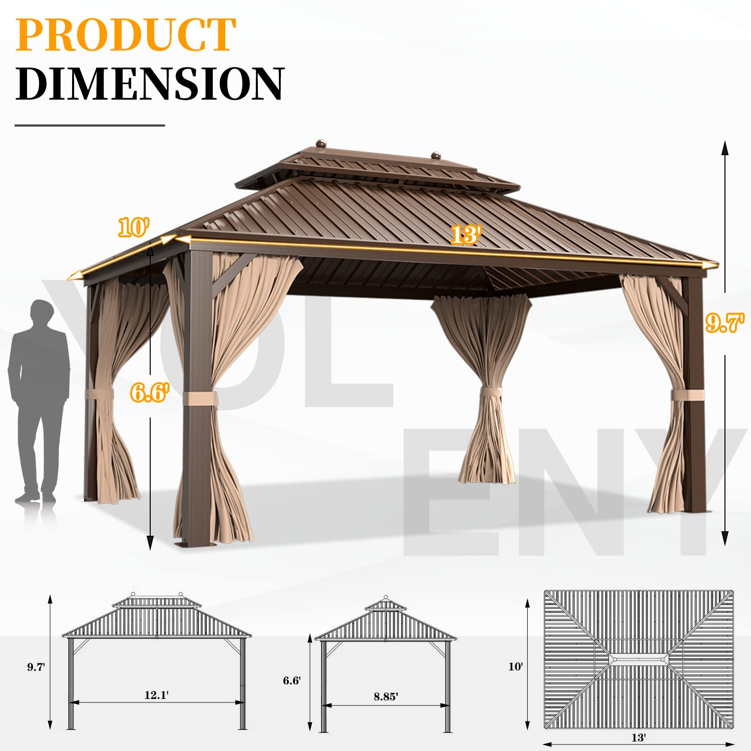 Hardtop Gazebo Galvanized Steel Patio Gazebo Canopy Double Roof