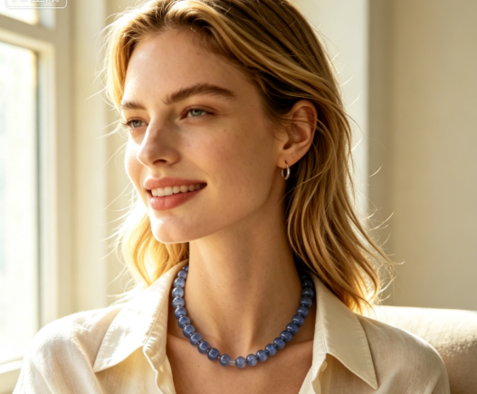 Natural Blue Chunky Beaded Necklace Gold Adjustable Chain Statement Necklace