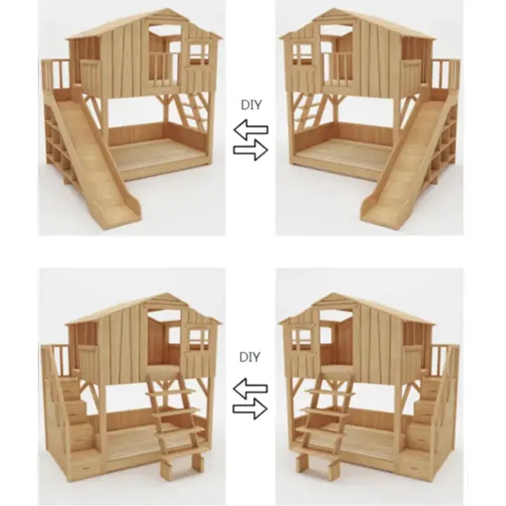 Cabin Shape Bunk Beds with Attached Stairs & Slide